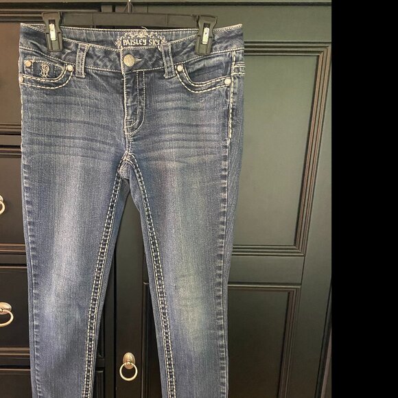 Paisley Sky Thick White Stitch Straight Leg Stretch Blue Jeans - Sz 4 Low Rise - Picture 1 of 4